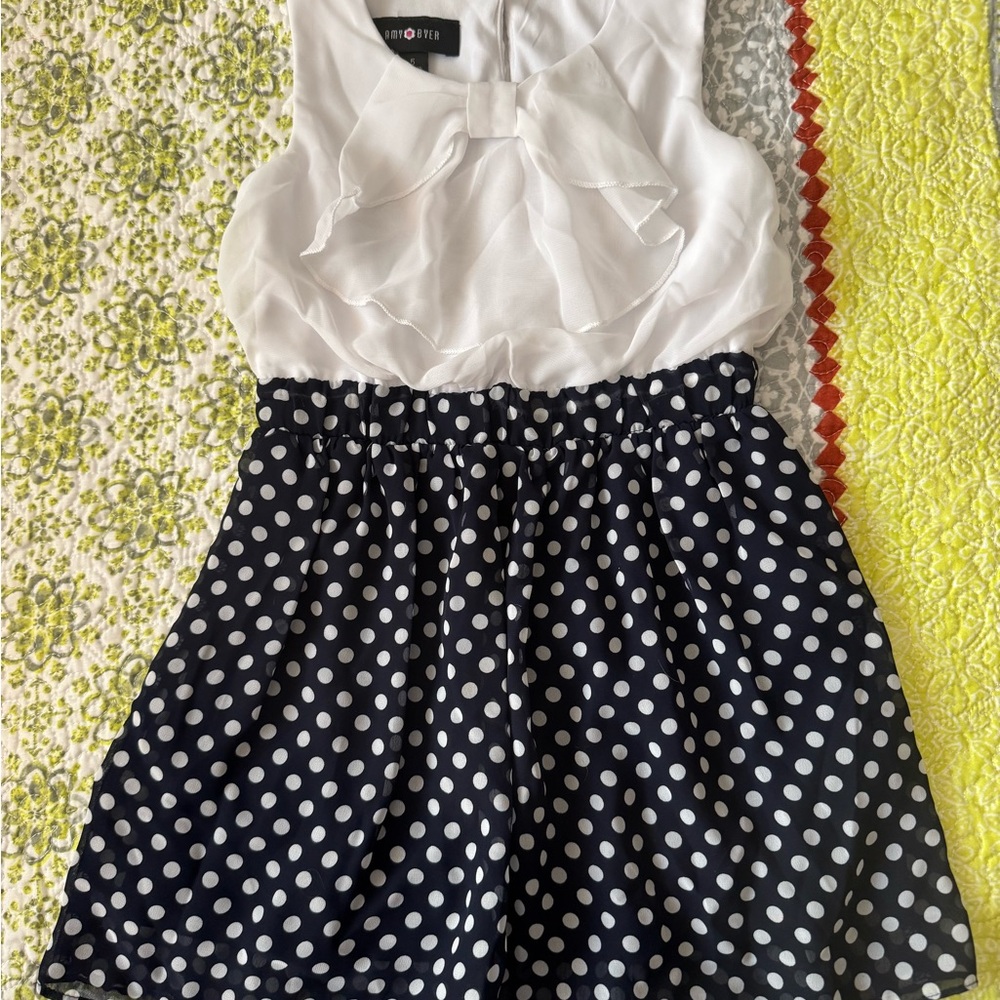 Amy Byer White Top with White Polka Dotted Navy Blue Skirt
